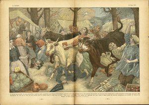 Illustration av Eugene Damblans (1865-1945) i Le Pelerin, 28/03/37 - Den stora årliga mässan i Lezay nära Niort - Diverse fakta, Ekonomi, Folkmassa, Butiker, Jordbruk, Baljväxter - Ko, nötkött, Camelot resesäljare av Eugene Damblans