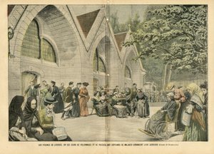 Illustration av Eugene Damblans (1865-1945) i Le Pelerin, 28/08/04 - Vid poolerna i Lourdes, i dessa dagar av pelerinager och böner, ber hundratals patienter om deras krig - Medicin, Religion Tro, Arkitektur Stadsplanering , katolsk katolik av Eugene Damblans