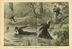 Illustration av Eugene Damblans (1865-1945) i Le Pelerin, 30/07/05 - I Riaucourt (Haute-Marne) dör två präster offer för deras andakt när de försöker rädda ett barn som drunknat - Diverse fakta, Barndom, Maritim Maritim Nautisk Balneaire, Riviere av Eugene Damblans