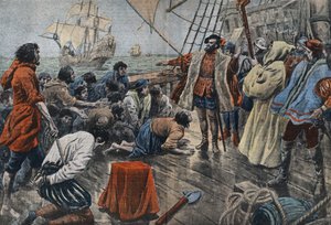 Illustration av Ferdinand de Magellans besättning som svär sin trohet till honom på ett kors efter ett misslyckat myteri - Fernand de Magellan (1480-1521), portugisisk navigatör lugnar en uppvigling av sin besättning och efter att ha förlåtit honom får han