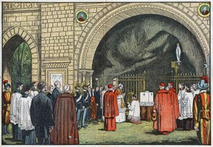 Framför "Grotto de Lourdes", i Vatikanens trädgårdar, välsignade påven Pius XI den första stenen i Propagandakollegiet som skulle resa sig på Janicule. Illustration av Damblans. I "Le Pelerin" den 3 juni av Eugene Damblans