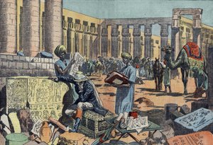 Jean Francois (Jean-Francois) Champollion (1790-1832), en fransk egyptolog, studerar en inskription bland pelargångarna i Thebe. Gravyr från 1923. Ritning av Damblans. av Eugene Damblans