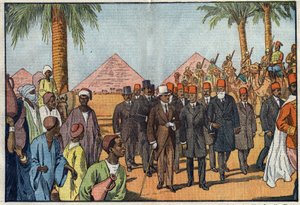 Kung Amanullah av Afghanistan (1892-1960) besöker pyramiderna i Egypten, åtföljd av en eskort av meharister. Kairo, Egypten. Illustration av Damblans. I "" Le Pelerin"" den 22 januari av Eugene Damblans