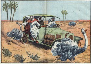 Modern jakt: I den arabiska öknen driver rika beduiner unga österrikare för att fånga dem levande. Illustration av Damblans. I "" Le Pelerin"" den 16 april av Eugene Damblans
