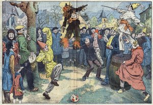 Gamla seder: kremeringen av "" karnevalen", på kvällen Mardi Gras (Mardi-Gras), representerar nöjen och goda kära övergivna vid tröskeln till Careme. Illustration av Damblans. I "" Le Pelerin"" den 16 mars av Eugene Damblans
