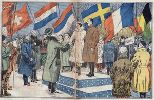 Olympiska vinterspelen (1932) - avslutningsceremoni: de franska skridskoåkarna M. och fru Brunet Joly (Brunet-Joly), olympiska mästare, gratuleras av juryn. Lake Placid, USA. Illustration av Damblans. I "" Le Pelerin"" den 18 mars av Eugene Damblans