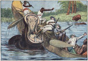 På Victoriasjön, Afrika, kapsejseras en båt ockuperad av anglikanska missionärer och ursprungsbefolkningar av en skadad flodhäst. Illustration av Damblans. I "" Le Pelerin"" den 16 maj av Eugene Damblans