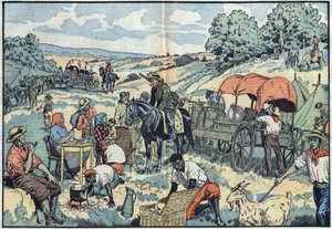 Befolkningsmigration i Afrika: 2000 boer lämnar den portugisiska kolonin Angola med transport till de mer bördiga regionerna i Sydafrika. Illustration av Damblans i "" Le Pelerin"" den 30 september av Eugene Damblans