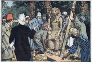 Det franska arkeolgiska uppdraget upptäcker en staty av tonåringen Sesostris III som kommer att föras till Louvren. Medamoud, forntida Thebe, Egypten. Illustration av Damblans. I "" Le Pelerin"" den 22 november av Eugene Damblans