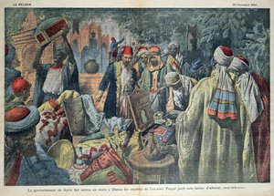 Den syriska regeringens försäljning av varor från Emir Faisal (1883-1923) i Damaskus, illustration från tidskriften "Le Pelerin", 20 november 1920 av Eugene Damblans