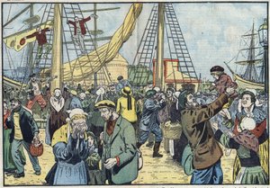 Torskens återkomst till Saint-Malo: Terres-Neuvas fiskade och återförenades med sina familjer. Illustration av Damblans. I "" Le Pelerin"" den 7 oktober av Eugene Damblans