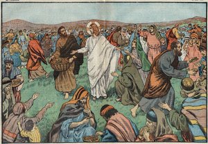 Förökningen av bröd: vid Tiberiadsjöns strand tillfredsställde Jesus Kristus (Jesus Kristus) befolkningen genom att multiplicera fem kornbröd och två fiskar. Illustration av Damblans. I "" Le Pelerin"" den 18 mars av Eugene Damblans