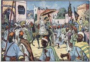 Den nya sultanen av Marocko, Moulay Mohammed, gör sitt intåg i staden Rabat. Illustration av Damblans. I "" Le Pelerin"" den 4 december av Eugene Damblans