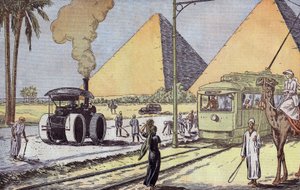 Utsikt över Giza-pyramiderna i Egypten, illustration av Eugene Damblans från franska tidningen "Le Pelerin" 1 januari av Eugene Damblans