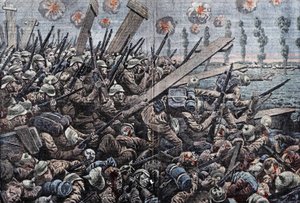Kriget 1914-1918. Belgiens front 1914. Tyska soldater på Yser. Teckning av Damblans. av Eugene Damblans