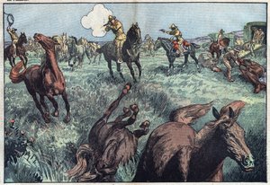 Vilda hästar slaktas i USA. Illustration av Damblans. I "" Le Pelerin"" den 31 januari av Eugene Damblans