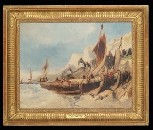 Fiskebåtar på stranden, Bretagne av Eugene Deshayes