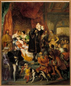 Kung Henrik IVs födelse den 13/12/1553 på Chateau de Pau Jeanne III, känd som Jeanne d"Albret, föder den framtida kungen visar besökare av sin far Antoine de Bourbon