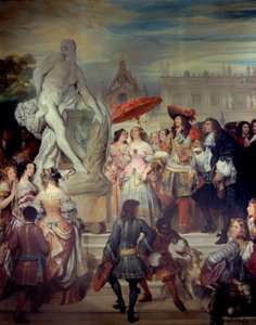 Pierre Puget (1620-1694) presenterar sin staty Milon av Crotone till Ludvig XIV (1638-1715) i trädgårdarna på slottet i Versailles. Målning av Eugene Deveria (1808-1865)