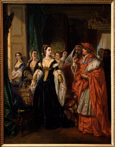 The Divorce of Henry VIII: Cardinal Thomas Wolsey (1475-1530) and Catherine of Aragon (1485-1536) in 1533 - Scen av pjäsen "The Famous History of the Life of King Henry the Eighth" av William Shakespeare - Målning av Eugene Deveria (1808-1865)