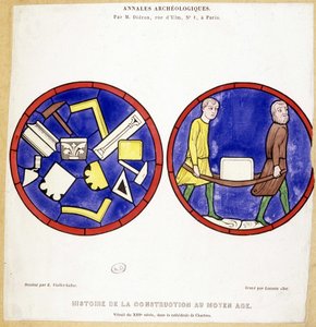 Byggnadshistoria under medeltiden: En liknelse av 1200-talets målade glasfönster, i Cathedrale de Chartres - teckning av Eugene Viollet-le-Duc (Viollet le Duc) (1814-1879) och med flera makoniska symboler. av Eugene Emmanuel (after) Viollet-le-Duc