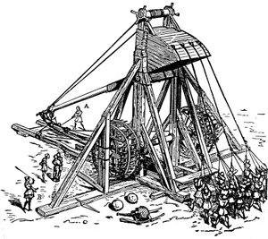 Rekonstitution av en enorm katapult (typ motvikts trebuchet), kallad mangonneau