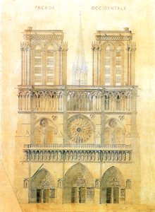 Projekt för restaurering av västfasaden på Notre Dame-katedralen i Paris med rekonstruktion av spiran vid korsningen, 1843