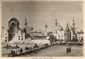 En båtbro, i Bagdad, ritning av Eugene Flandin (1809-1876), för att illustrera hans resa till Mesopotamien 1840-1842. Gravyr i ”” Le tour du monde”” 1861. Selvas samling.