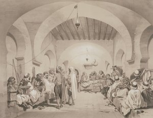 Cafe du Divan, Alger, från en volym till minne av den franska expeditionsstyrkan som erövrade Alger 1830, graverad av Adolphe Jean-Baptiste Bayot (1810-66)