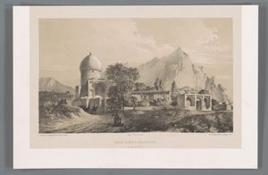 Utsikt över Imamzadeh Komijan i Irak-i Ajam Imâm Zadeh à Koumichâh (Iraq Adjemi) (titel på objekt) Persiska landskap (serietitel) Perse modern (serietitel) av Eugene Flandin