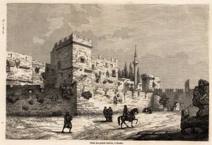 De stora mästarnas palats på Rhodos, teckning av Eugene Flandin, för att illustrera hans resa till ön Rhodos 1844. Gravyr i "" Le tour du monde", redigerad av Edouard Charton