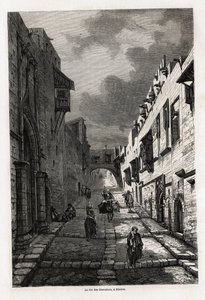 Rue des chevaliers, på Rhodos, teckning av Eugene Flandin, för att illustrera hans resa till ön Rhodos 1844. Gravyr i "" Le tour du monde"", redigerad av Edouard Charton av Eugene Flandin