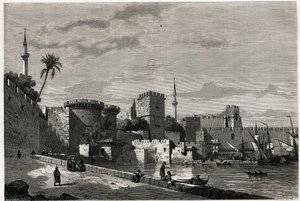 Utsikten över Rhodos hamn och Aubussons port, ritning av Eugene Flandin, för att illustrera hans resa till Rhodos ön 1844. Gravyr i "" Le tour du monde"", redigerad av Edouard Charton av Eugene Flandin