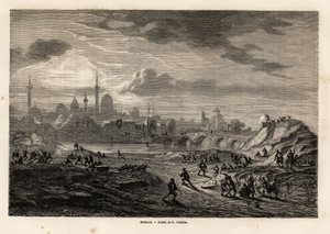 Utsikt över Mosul (Irak), på stranden av Tigerfloden, teckning av Eugene Flandin, för att illustrera expeditionen till Nineve, från 1844 till 1860, av Vivian de Saint Martin. Gravyr i "" Le tour du monde"", redigerad av Edouard Charton