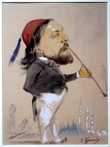 Porträtt av Theophile Gautier (1811-1872) som röker sin chibouk Teckning och akvarell av Eugene Giraud (1806-1881) 1862 Paris, B.N.