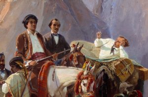 Minne av resan från Paris till Cadiz som gjordes 1846 av Alexandre Dumas och hans vänner. Representation av Alexandre Dumas, far och son, Louis Boulanger, Eugene Giraud, A. Maquet och Desbarolles. Detalj. Målning av Eugene Giraud (1806-1881) 1846