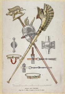 Tillbehör till den galliska krigaren: banderoll som dekorerar en saglier undervisar, hjälmen och krigshornet (carnyx) - i "" Illustrous Teaching Cahiers, krigsdräkter från bronsåldern och galliska åldern"", ed Grasset av Eugene Grasset