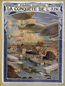 Air conquet: luftskepp, ballong och luftballong över Paris - omslag i "" Figaro Illustré"" från februari 1909 av Eugene Grasset