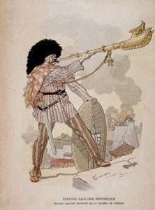 Gallisk soldat som låter från krigets horn (carnyx) - i "" Illustrous Teaching Cahiers, War Costumes of the Bronze Age and the Gallish Age", ed Grasset av Eugene Grasset