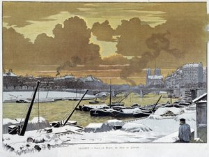 Le pont de Sully, i Paris täckt av snö, en kväll i januari 1886 - av Grasset av Eugene Grasset