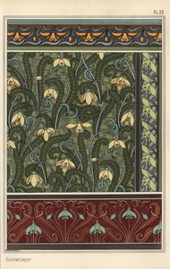Snödroppe, Galanthus nivalis, som designmotiv i tapeter, bårder och tyger av Eugene Grasset