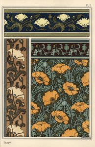 Vallmo, Papaver somniferum, i tapeter och tygmönster. Litografi av Verneuil av Eugene Grasset