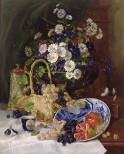 Stilleben med blommor och frukt