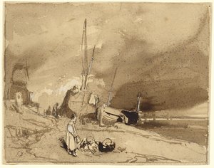 Bord de Plage (Fiskebåtar på en strand, stormmoln i fjärran) av Eugene Isabey