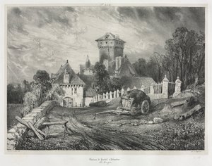 Pittoreska och romantiska resor i gamla Frankrike: Auvergne (vol. II): Pesteil slott vid Polminhac, plansch 202 av Eugene Isabey