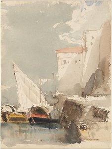 Segelbåtar i en solbelyst hamn (framsida) av Eugene Isabey