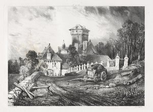 Pittoreska och romantiska resor i det antika Frankrike, Auvergne: Château de Pesteil i Polminhac av Eugene Isabey