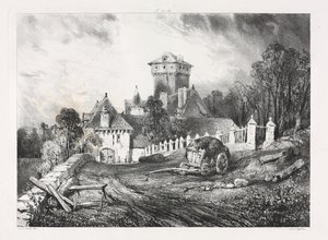 Pittoreska och romantiska resor i det antika Frankrike, Auvergne: Château de Pesteil i Polminhac av Eugene Isabey