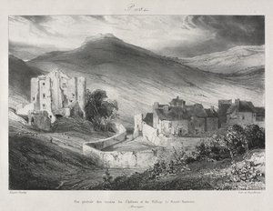 Pittoreska och romantiska resor i det antika Frankrike, Auvergne: Ruinerna av slottet och byn Saint Nectaire av Eugene Isabey
