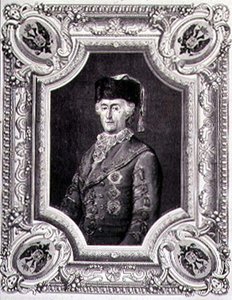 Porträtt av Katarina II den stora (1729-96) i resande kostym, graverad av Stephane Pannemaker (1847-1930) (gravyr) av Eugene Joseph (after) Viollat